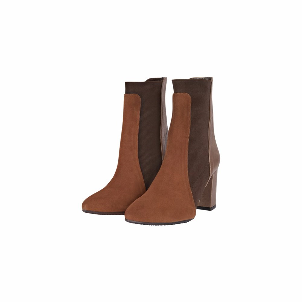 Brunate Stacked Heel And Elastic Women's Ankle Boots Brown | 28MYOGLBZ